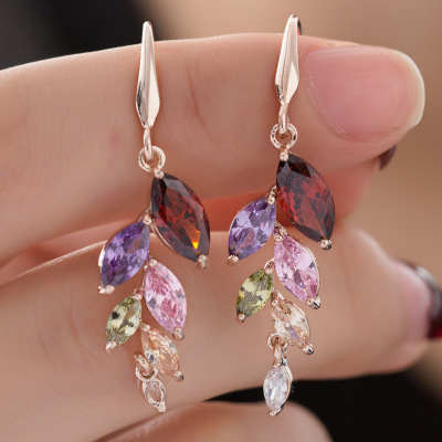 925 Silver Japan and South Korea Ear Rings Leaf-Shaped Earring Zircon Earrings Korean Style Zircon Ear Studs Factory Direct Sales Wholesale