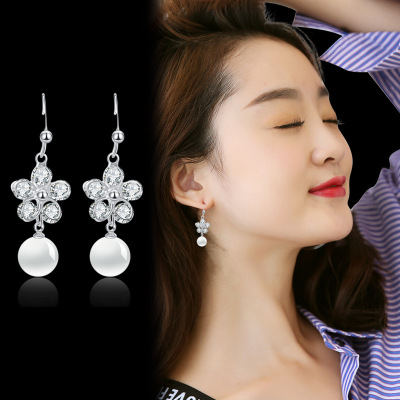 Opal Earrings Korean Temperamental Long Pendant Flower Crystal Eardrops Anti-Allergy Stud Earrings Female Factory Wholesale