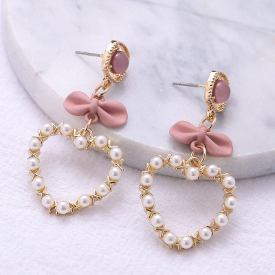 Bow Love Heart Stud Earrings Women's Elegant Korean Internet Celebrity Peach Heart Exquisite Mid-Length Needle Pearl Earrings Factory Wholesale