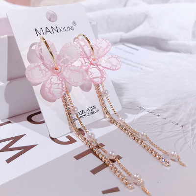 Large Flower Earrings Female Stud Earrings Long Tassle Fashion Personalized Japanese and Korean Fairy Temperamental Ornament Zircon Stud Earrings