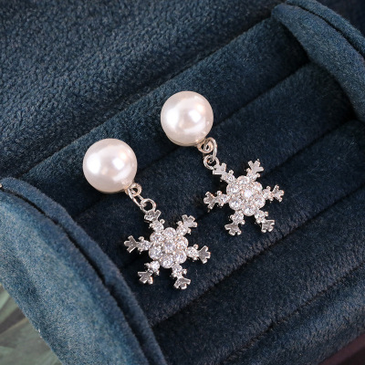 Sterling Silver Needle Snowflake Earrings Mid-Length Graceful Earrings Ice Flower Stud Earrings Korean Style All-Match Female Online Influencer Special Interest Earrings