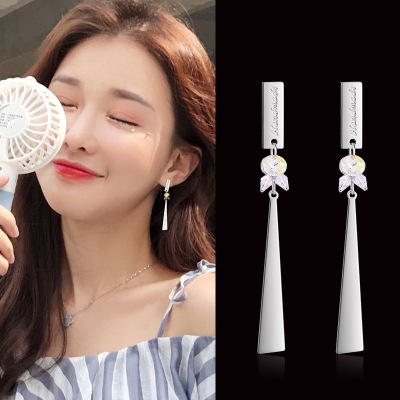 Women's Korean-Style Simple All-Match Crystal Long Earrings for Face Slimming Sterling Silver Earring/Pin Factory Direct Sales Wholesale