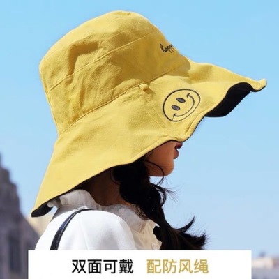 Women's Korean-Style Letter Smiley Face Big Brim Bucket Hat Cotton and Linen Double-Sided Sun Hat College Style Soft Girl Travel Bucket Hat