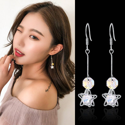 Internet Influencer Stud Earrings Women's Japanese Korean S925 Sterling Silver Needle Dignified Pendant Earrings All-Matching Bright Crystal Pentagram Popular