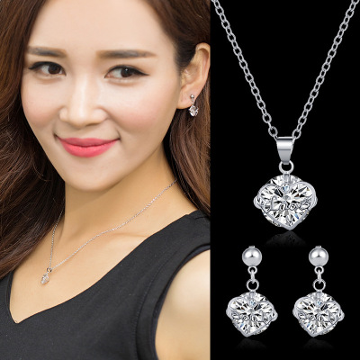 925 New Korean Style Women's Atmospheric Rhinestone Earrings Jewelry Gold-Plated Flower Jewelry Three-Piece Set Wholesale Direct Sales