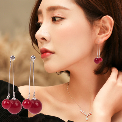 Manhuini New Year Red Pearl Earrings Exaggerated Large and Small Pearls Earrings Fashion Versatile Korean Style Hanging on Back of Ear Earrings