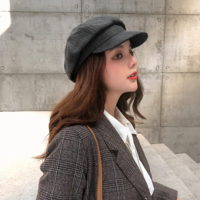 Qiu dong new style check octagonal hat female England art restores ancient ways painter cap cap cap is curbed all-roundly go with wool suede hat