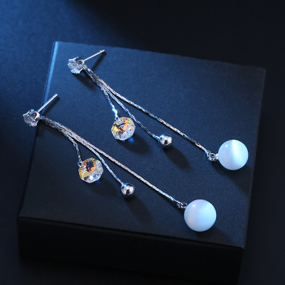 Women's Slim-Looking Earrings, Korean Personal Influencer Opal Stone Ear Studs Long Tassel Earrings Factory Wholesale and Direct Sales