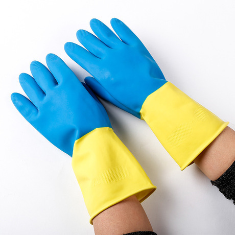 Hot Sale 30cm Double Color Industrial Gloves Kitchen Cleaning Durable Latex Cleaning Waterproof Rubber Gloves Wholesale 80G