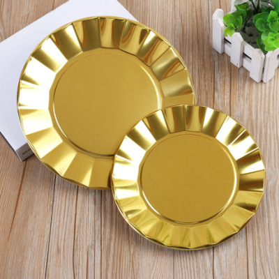 Disposable round Eco-friendly Material Golden Tray Cake Plate Pastry Dessert Sushi Plate Dining Household Plate