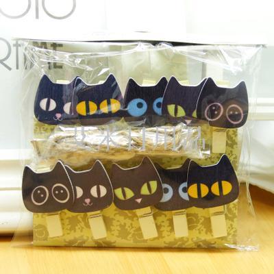 DF- photo clip photo clip small wooden clip clip 10 send hemp rope multi-functional storage clip black cat head