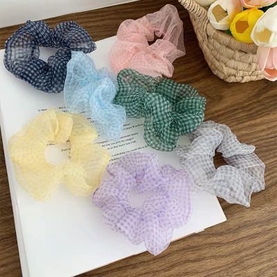 Forest gauze grid large intestine hair ring web celebrity ball hair ring with ponytail rope gauze hair ornaments 