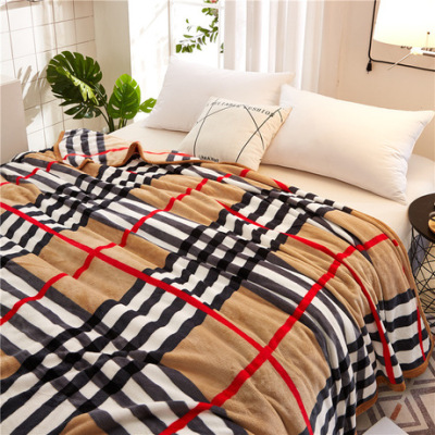 Coral fleece - winter thickened warm checked striped blanket sofa small blanket student as blanket with fleecy sheets and pillowcases