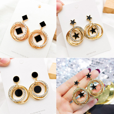 Sterling Silver Needle Four-Leaf Clover Pentagram Earrings Female Multilayer Diamond Circle Earrings Eardrops Korean Dongdaemun Earrings