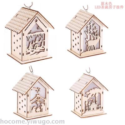 New cross border LED Christmas wood house pendant button battery Christmas small house pendant gift decorations