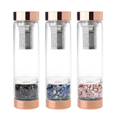 Gemstone customized tea infuser water bottles rose gold stainless steel lid crystal glass water bottle with custom logo 
