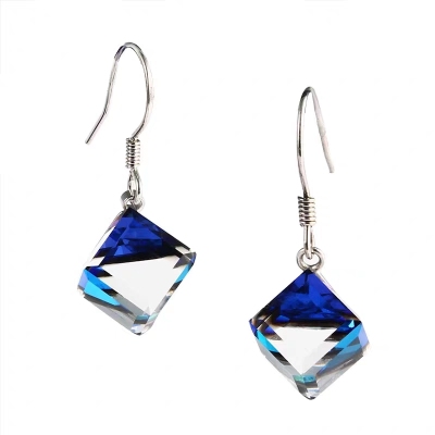S925 silver needle Austrian crystal square pendant ladies simple small fresh color aurora sugar cube earrings