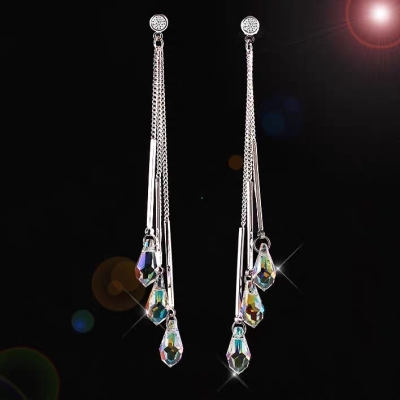 Super fairy temperament long fringe crystal earrings S925 silver needle white summer lady personality drops ears
