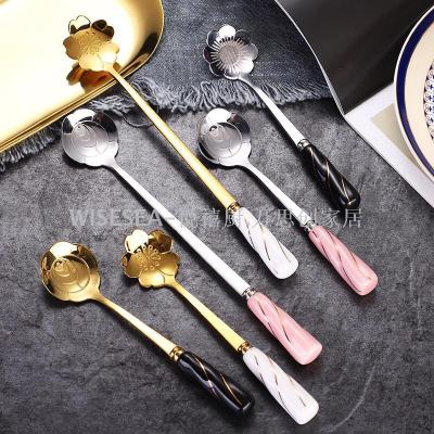 NEW HOT-SALE ceramic handle coffee spoon rose flower soup spoon titanium plated gold mixing sweety spoon customized 