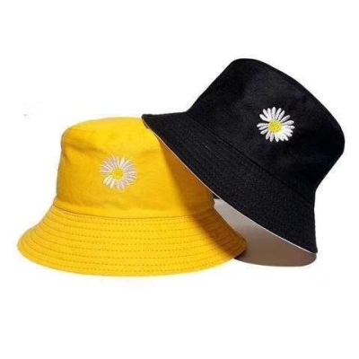 Men's Lady Couple Double Sided Embroidery Text Bucket Hat Spring and Summer Student Cute Sun-Proof Basin Hat Little Daisy Hat