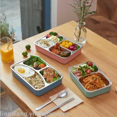 304 Large Stainless Steel Lunch Box Four-Compartment Student Canteen Lunch Box Office Worker Lunch Box Divided Lunch Box