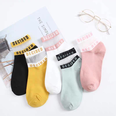 Socks Women's Spring and Summer Thin Transparent Glass Stockings Letter Color Matching Crystal Silk Middle Tube Cotton Socks