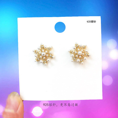 Sterling Silver Needle Simple Graceful Snowflake Ear Stud Flower Fairy Pearl Earrings Female Beauty Jewelry