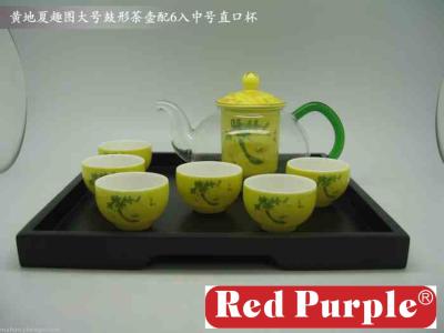 Teapot set with large drum teapot +6 cups with wooden tray