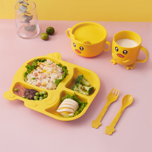 Household Small Yellow Duck Children‘s Tableware Set Cute Cartoon Grid Drop-Resistant Dinner Plate Spork Set