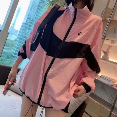 Spring and summer bask in clothes new stand collar color contrast big size bask in coat female tide female blouse Korean version fashion sports