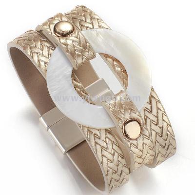 European and American Leather Bracelet Shell Leather Bracelet Popular Woven Texture Leather Magnetic Buckle Bracelet Girls Wrist Strap