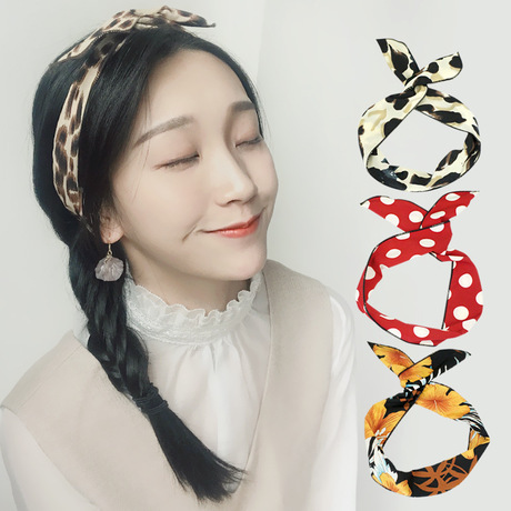 Korean Style Rabbit Ears Knotted Hair Band Sweet Face Washing Iron Wire straight Hair Band Vintage Floral Fabric Jewelry 