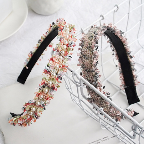 japan and south korea new chanel style pearl headband fashion thick beaded headband frayed fabric hair accessories factory wholesale