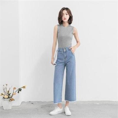 [good quality] thin Korean version of high waist wide leg jeans women's summer nine minutes straight pants loose tide