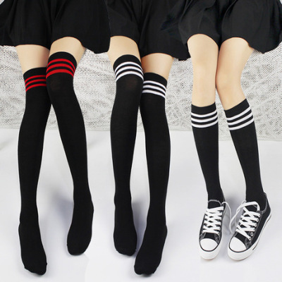 Japanese school style and knee socks spring and autumn knitting cotton three bars black and white splicing long high school tube over the knee socks for women thin