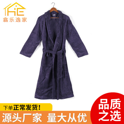 Long plain color simple coral velvet pajamas autumn and winter Korean version of casual robe lapel Long sleeve belt bathrobe