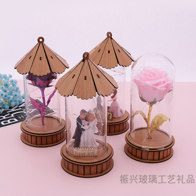 Eternal flower rose dome glass cover mother's day gift box candied bouquet gift set with lamp