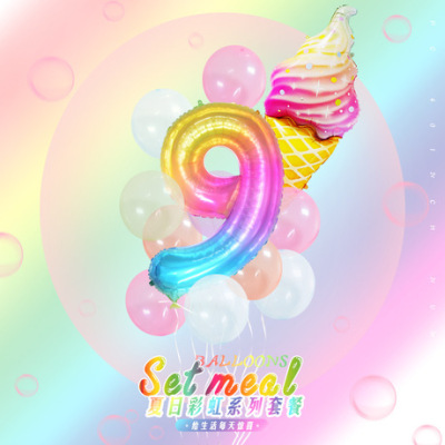 Cross-border new 40 \\\"rainbow gradient large digital summer ice cream aluminum balloon set latex birthday package