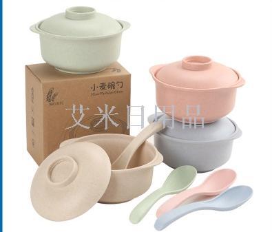 FK- wheat straw casserole bowl and spoon set baby feeding tableware set of 2 sets of non - slip anti - ironing dishes