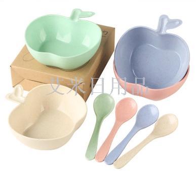 FK- wheat apple bowl spoon wheat straw tableware set for children apple bowl spoon set for two sets for children