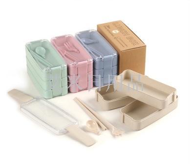 FK - wheat three-layer box Japanese creative wheat straw bento box lunch box with spoon fork chopsticks three-layer box