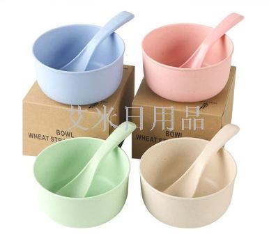 FK- wheat round bowl spoon wheat straw tableware set for children wheat bowl spoon two-piece set for children