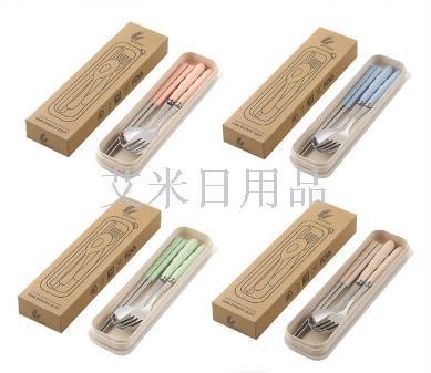 FK- bamboo handle three-piece portable wheat straw stainless steel tableware set with leather box spoon fork chopsticks