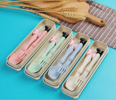 Fk-minnie two-piece bare wheat straw tableware set cartoon children portable tableware spoon and fork