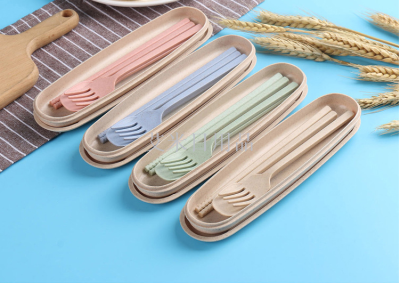 FK - new 3 - piece naked portable wheat straw tableware set environmental protection spoon fork chopsticks set