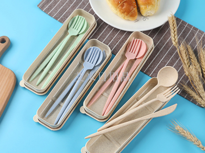 FK- round handle three-piece nude student portable wheat straw tableware set with knife, fork and spoon