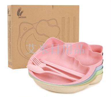 FK- cartoon cat four-piece set of wheat straw spoon fork and chopsticks tableware set cartoon separated plate