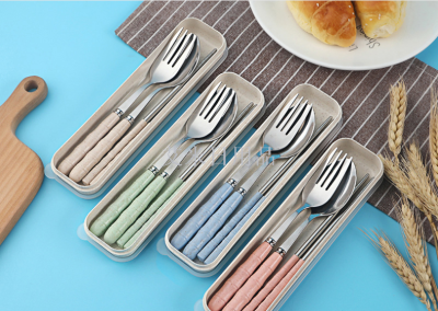 FK- bamboo handle three - piece nude student portable wheat straw stainless steel tableware set spoon fork chopsticks