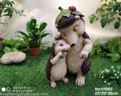 Lantern mother and child hedgehog resin crafts set pieces