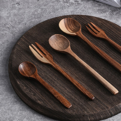 Japanese-Style Retro Creative Wooden Spoon Fork Chopsticks Soup Spoon Dessert Fork Dessert Spoon Office Worker Portable Set